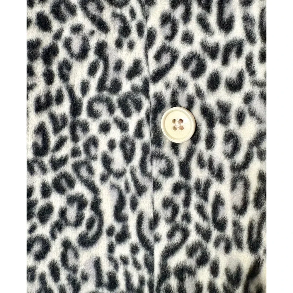Anne Klein Womens Leopard Print Fleece Pajama‎ Set Button Up Pants Pink Trim Med